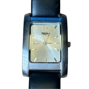 MASSIMO BLACK GENUINE LEATHER WRIST WATCH + SQUARE SILVER CLOCK FACE